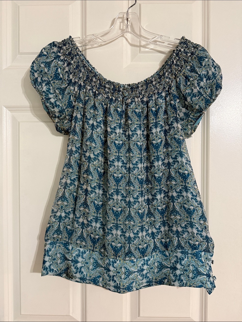 INC International Concepts Blue Paisley Smocked Off-Shoulder Tunic